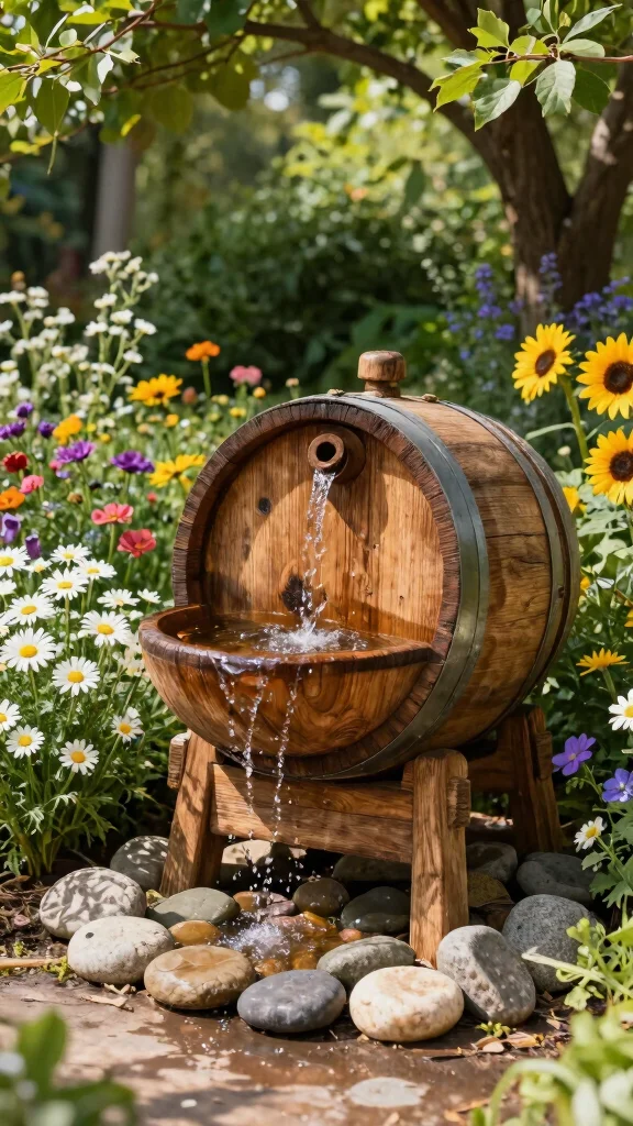 Harness the Sun: 19 Solar Fountain Ideas for a Sustainable Garden Makeover! - 1. Rustic Barrel Fountain 1