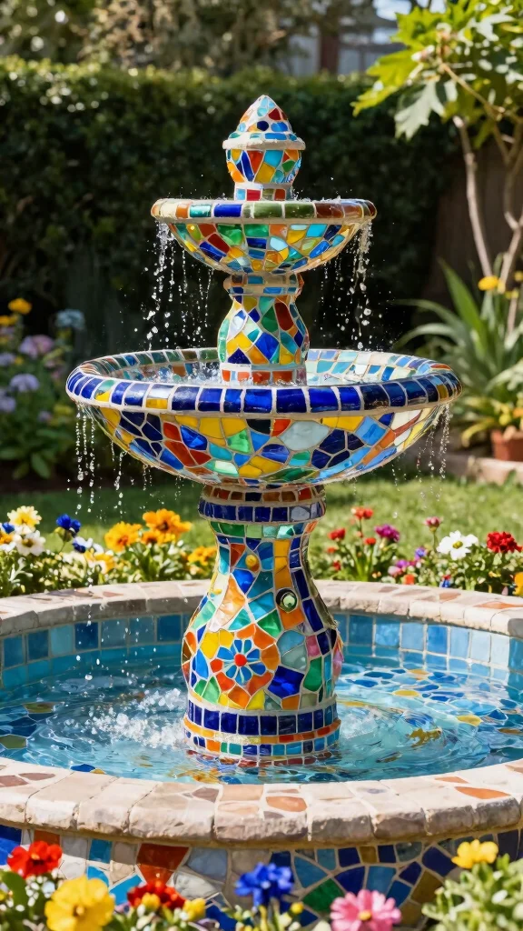 Harness the Sun: 19 Solar Fountain Ideas for a Sustainable Garden Makeover! - 16. DIY Mosaic Fountain 1
