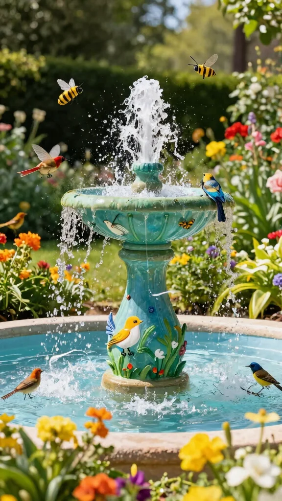 Harness the Sun: 19 Solar Fountain Ideas for a Sustainable Garden Makeover! - 18. Solar Fountain with Birds and Bees Theme 1