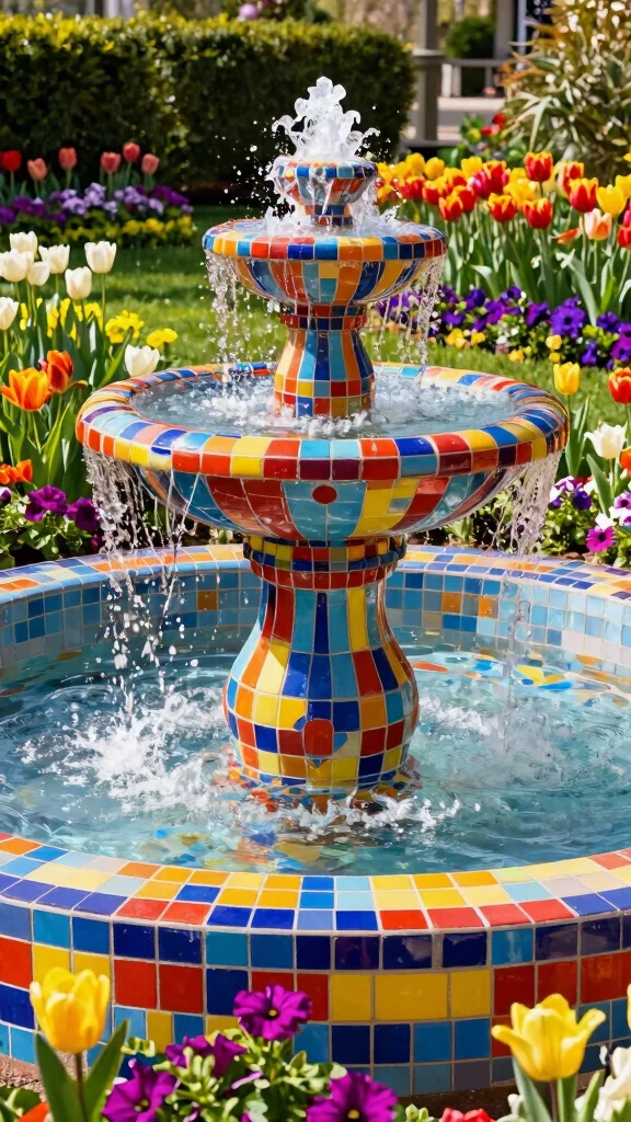 Harness the Sun: 19 Solar Fountain Ideas for a Sustainable Garden Makeover! - 6. Colorful Tiered Fountain 1