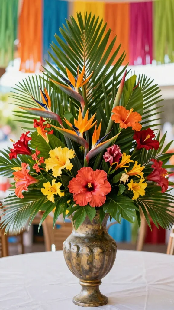 15 Gorgeous Spring Flower Arrangements for Your Next Event (Wait Until You See #11!) - 3. Bold and Bright Tropical Arrangement 1