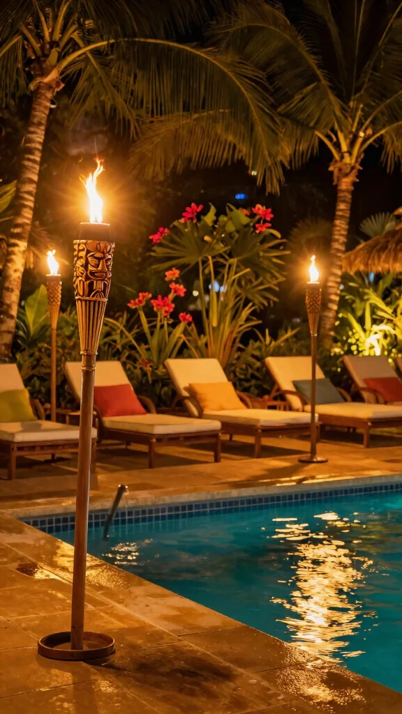 16 Elegant Pool Lighting Ideas That Will Make Your Landscape Stand Out (Don't Miss #7!) - 10. Tiki Torches 1