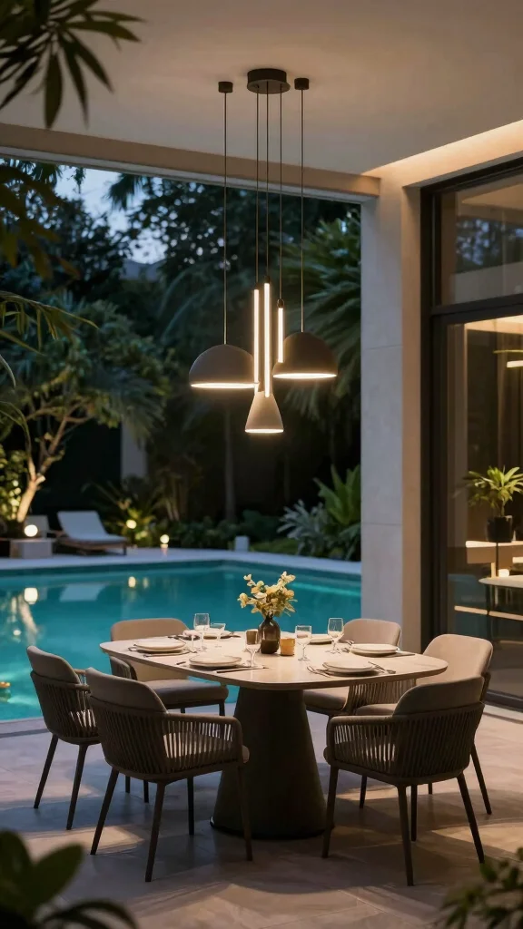 16 Elegant Pool Lighting Ideas That Will Make Your Landscape Stand Out (Don't Miss #7!) - 14. Modern Pendant Lights 1