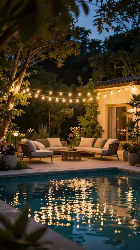 16 Elegant Pool Lighting Ideas That Will Make Your Landscape Stand Out (Don't Miss #7!) - 6. String Lights Over the Pool 1