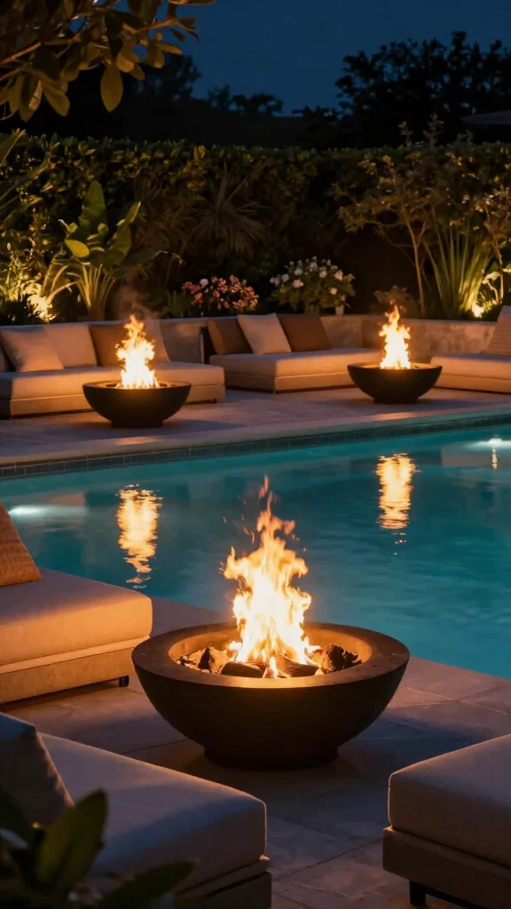 16 Elegant Pool Lighting Ideas That Will Make Your Landscape Stand Out (Don't Miss #7!) - 9. Fire Bowls 1